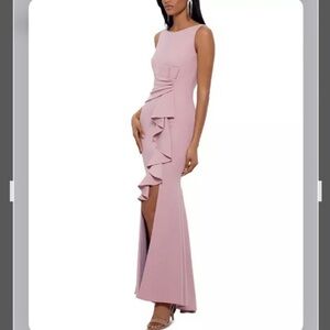 Betsy & Adam Petite Boat-Neck Waterfall Ruffle Detail Gown in Rose Pink